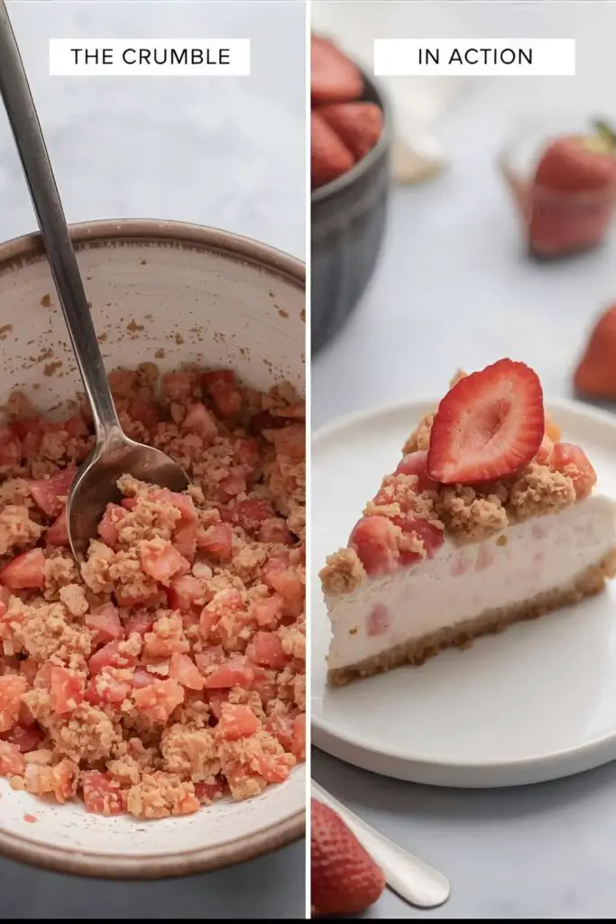 A close-up of the finished crumble in a bowl, next to a cheesecake topped with the same crumble.