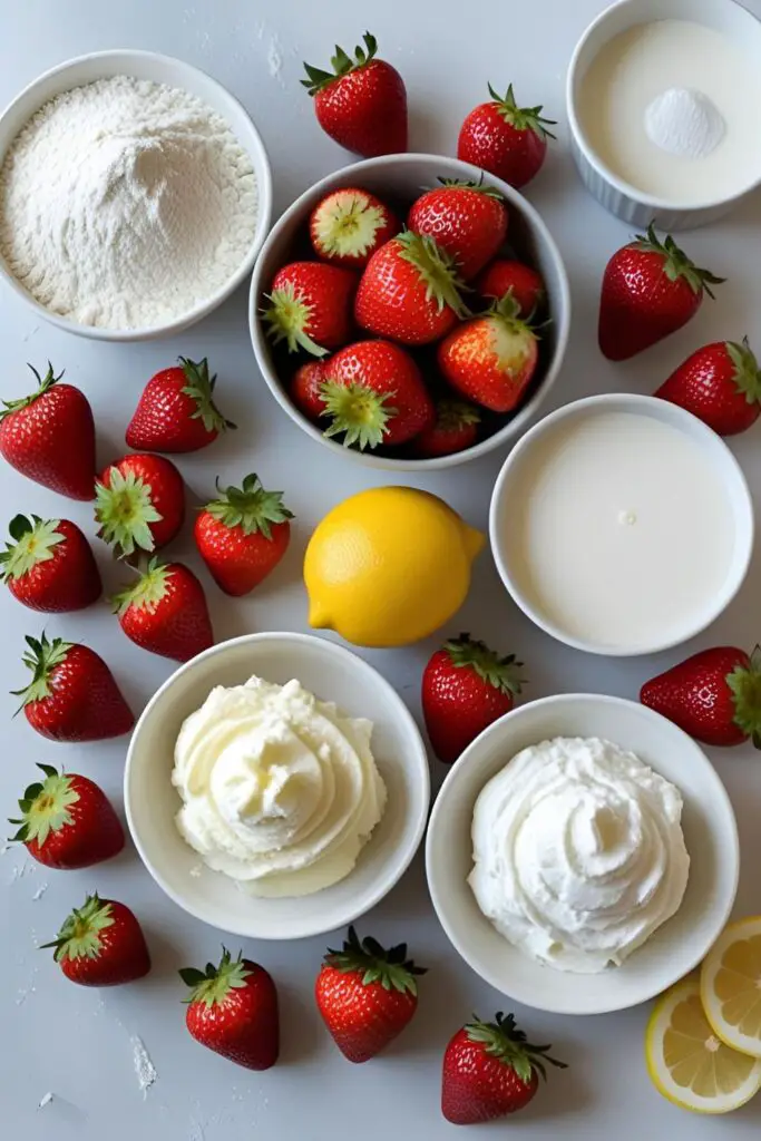 Essential ingredients for making delicious strawberry tres leches cake.