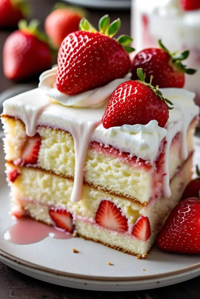 A mouthwatering close-up of a slice of strawberry tres leches cake.