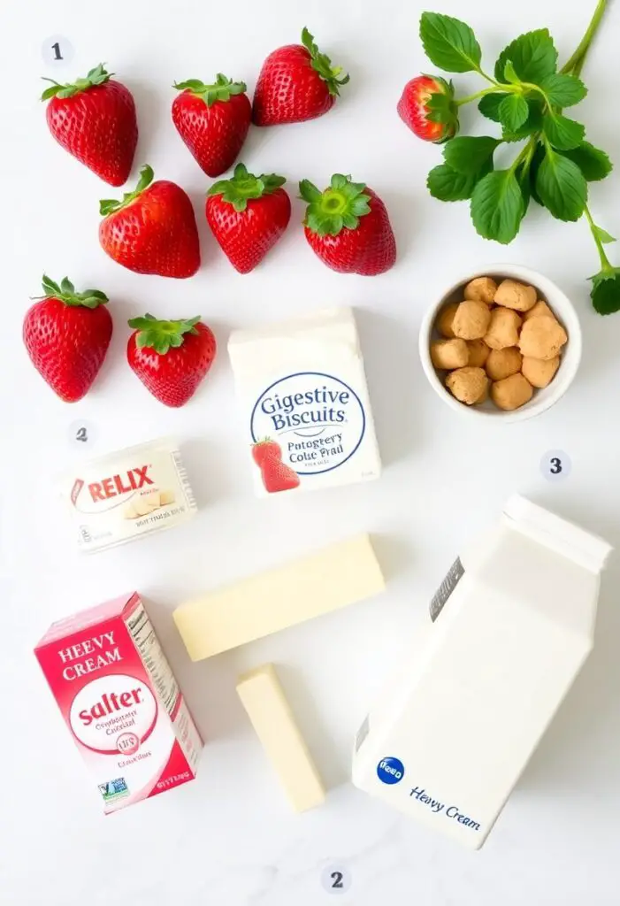 A fresh flat lay collage of ingredients for strawberry cheesecake parfaits: fresh ripe strawberries, a block of cream cheese, digestive biscuits, a stick of butter, and a carton of heavy cream.