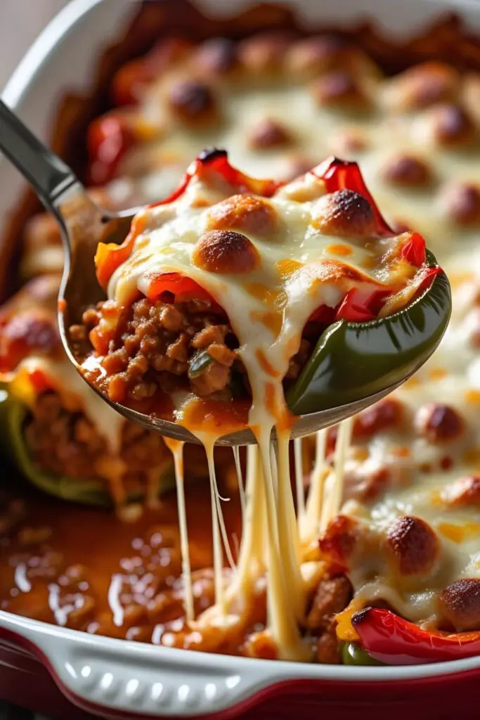 A delicious close-up shot of a serving spoon lifting a portion of the hot, bubbly stuffed pepper casserole from a baking dish, revealing the saucy filling and a satisfying cheese pull.