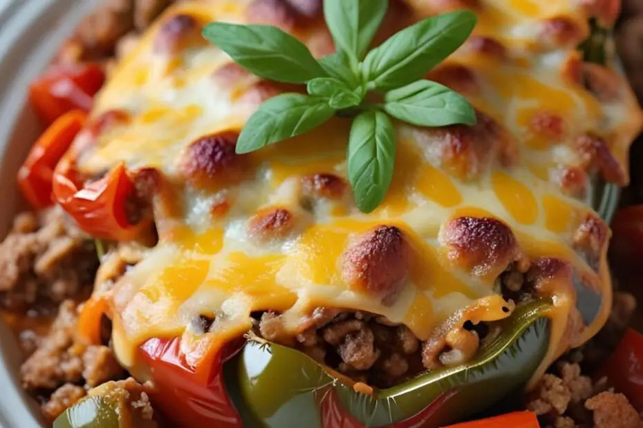 A vibrant image with the text "Stuffed Pepper Casserole: Easy & Delicious!" overlaid on a rustic background showing the finished cheesy casserole.