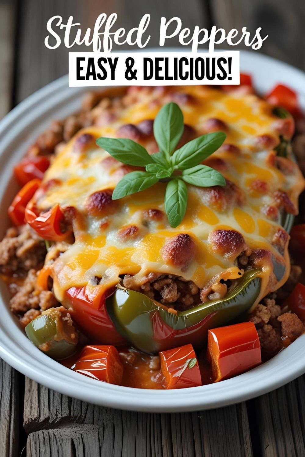 A vibrant image with the text "Stuffed Pepper Casserole: Easy & Delicious!" overlaid on a rustic background showing the finished cheesy casserole.
