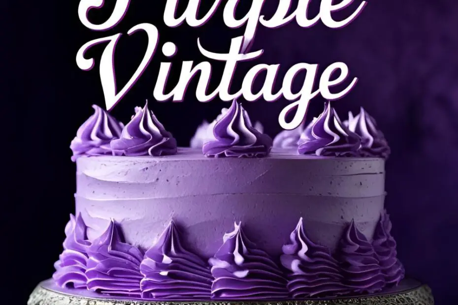An elaborately piped purple vintage cake on a stand with the text overlay "Stunning Purple Vintage Cake."