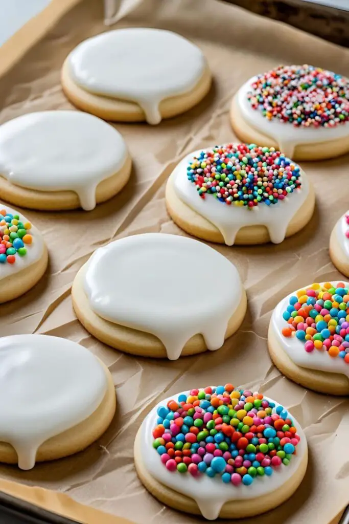 Several holiday sugar cookies decorated with simple white icing that has hardened to a smooth finish.