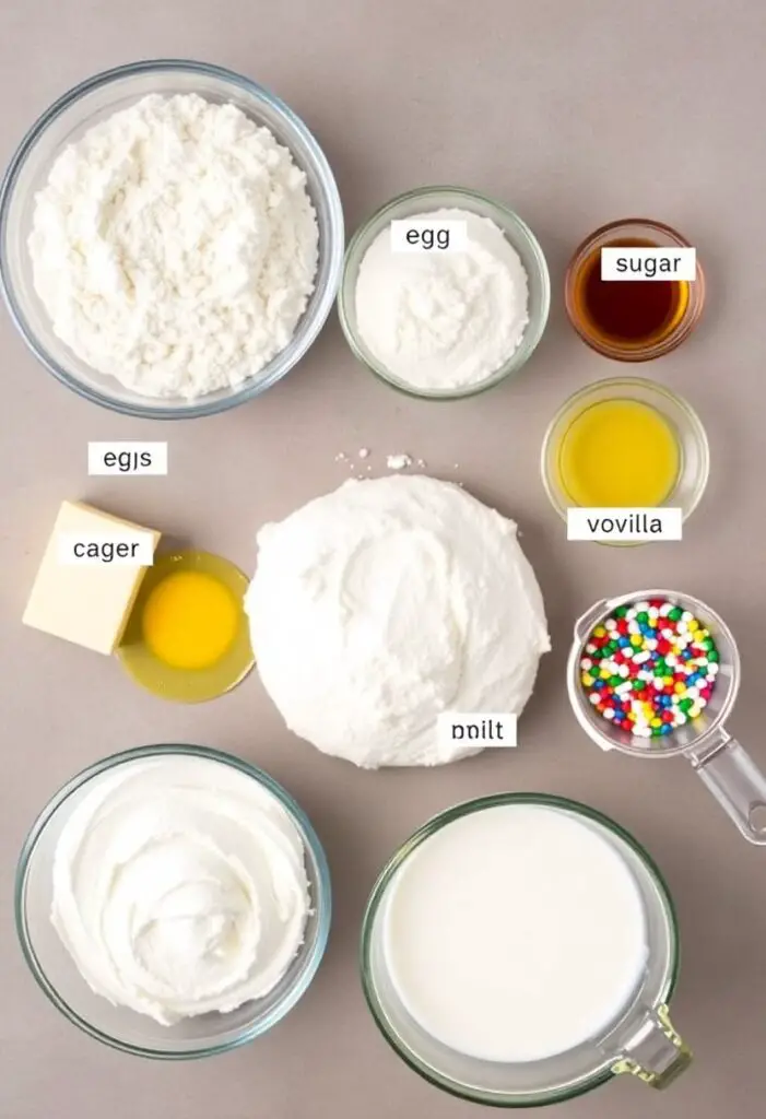 A neat flat lay collage of ingredients for sugar cookie bars and frosting: flour, sugar, butter, eggs, vanilla, powdered sugar, milk, and a small bowl of colorful sprinkles.