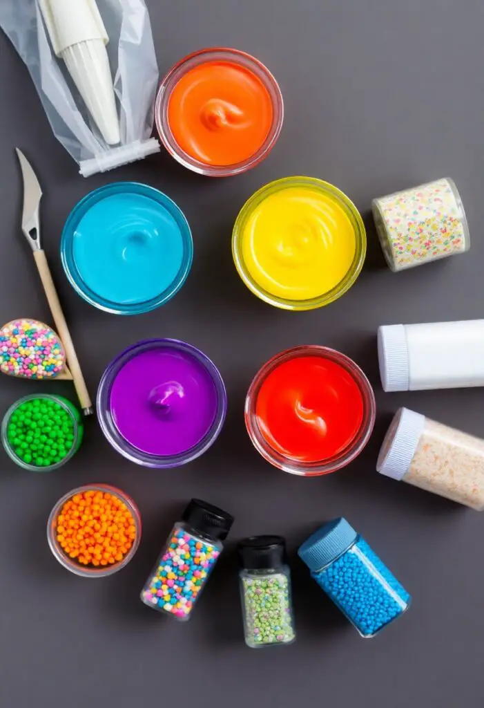 A neat flat lay collage of cookie decorating tools and supplies: small bowls of colored icing, piping bags, a scribe tool, and various bottles of colorful sprinkles and sanding sugar.
