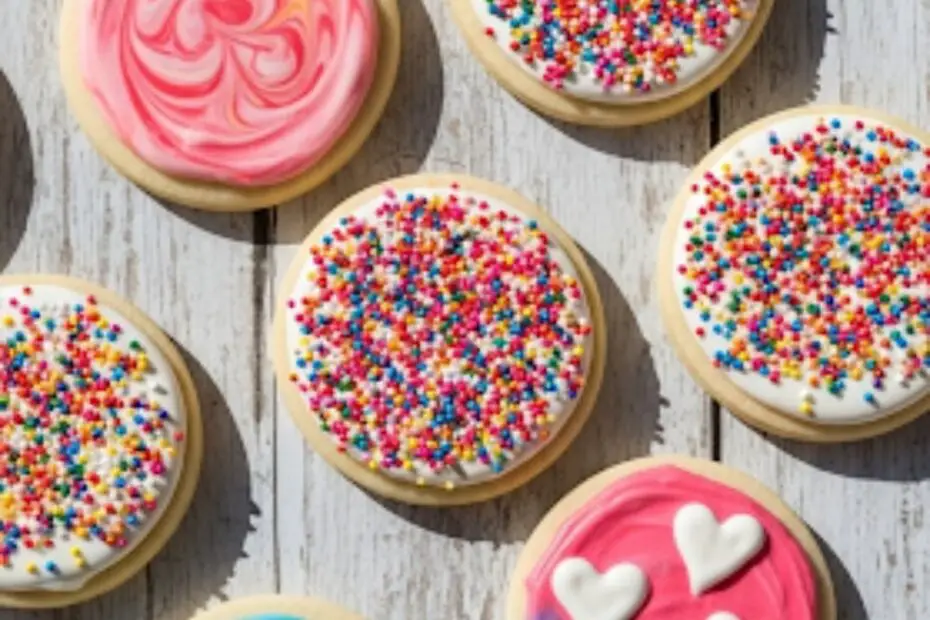 Text overlay "Easy Sugar Cookie Designs" over a vibrant, beautiful flat lay of several sugar cookies decorated with three different simple techniques: marbling, sprinkles, and wet-on-wet hearts.