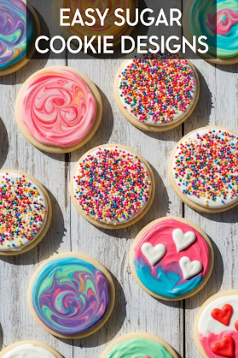 Text overlay "Easy Sugar Cookie Designs" over a vibrant, beautiful flat lay of several sugar cookies decorated with three different simple techniques: marbling, sprinkles, and wet-on-wet hearts.