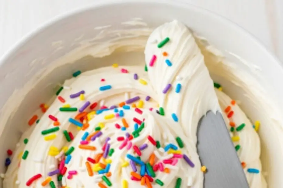 Text overlay "The Best Sugar Cookie Frosting" over a vibrant image of a bowl of fluffy white buttercream frosting with a spatula creating perfect swoops and swirls.
