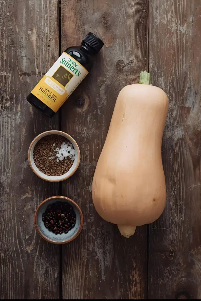 A flat lay of the simple ingredients for roasted sweet meat squash: a squash, olive oil, salt, and pepper