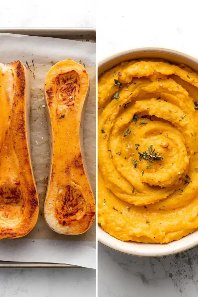 Roasted sweet meat squash halves next to a bowl of mashed cooked squash