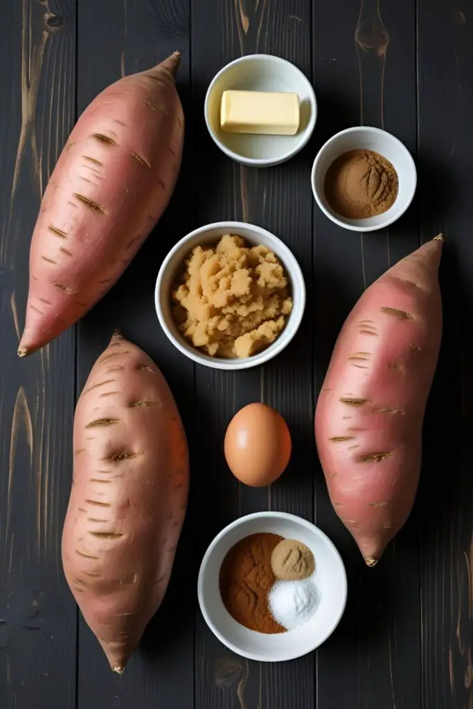  A rustic flat lay of ingredients for sweet potatoes casserole: whole sweet potatoes, butter, brown sugar, eggs, spices, and pecans on a wooden background.
