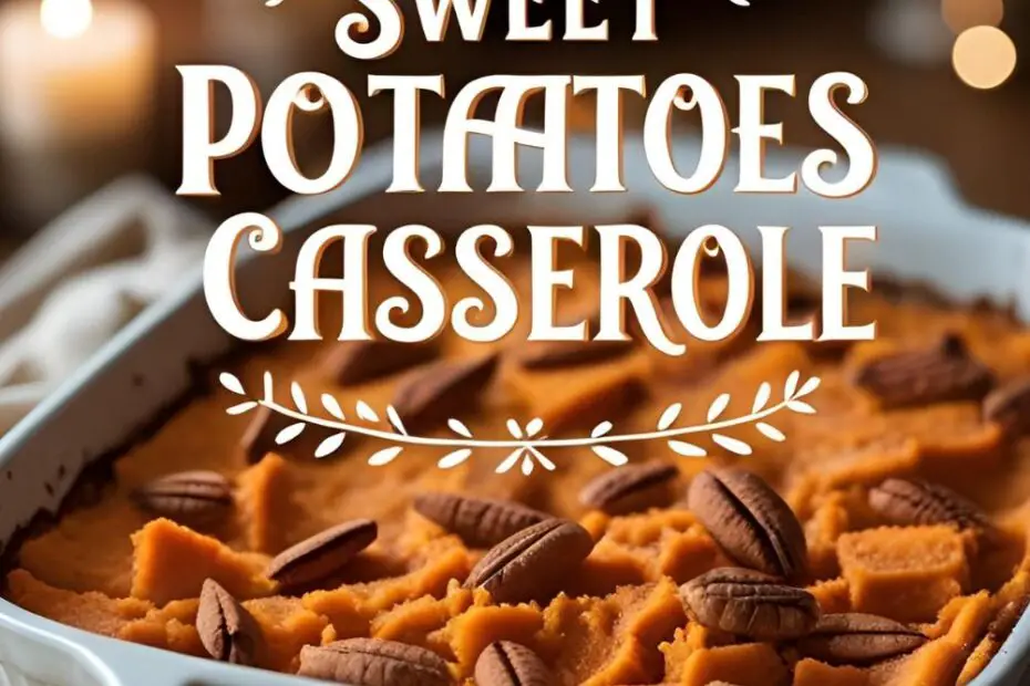 "THE BEST SWEET POTATOES CASSEROLE" on a warm and inviting image of the finished casserole on a holiday table.