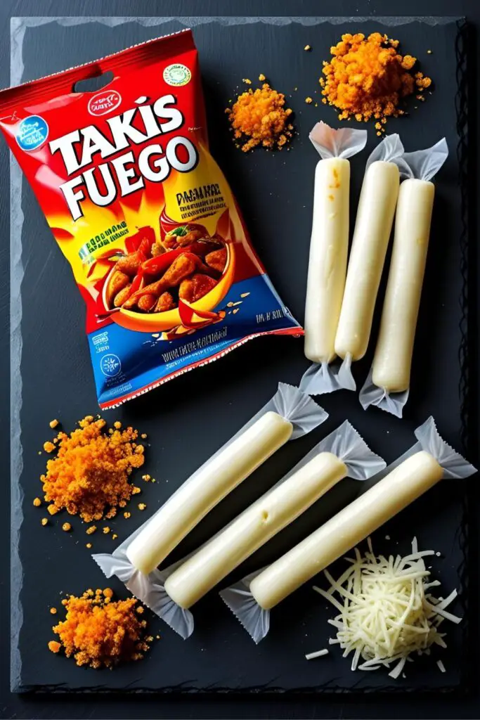 A vibrant flat lay of ingredients for Takis cheese sticks: a bag of Takis Fuego and mozzarella cheese sticks on a dark surface.
