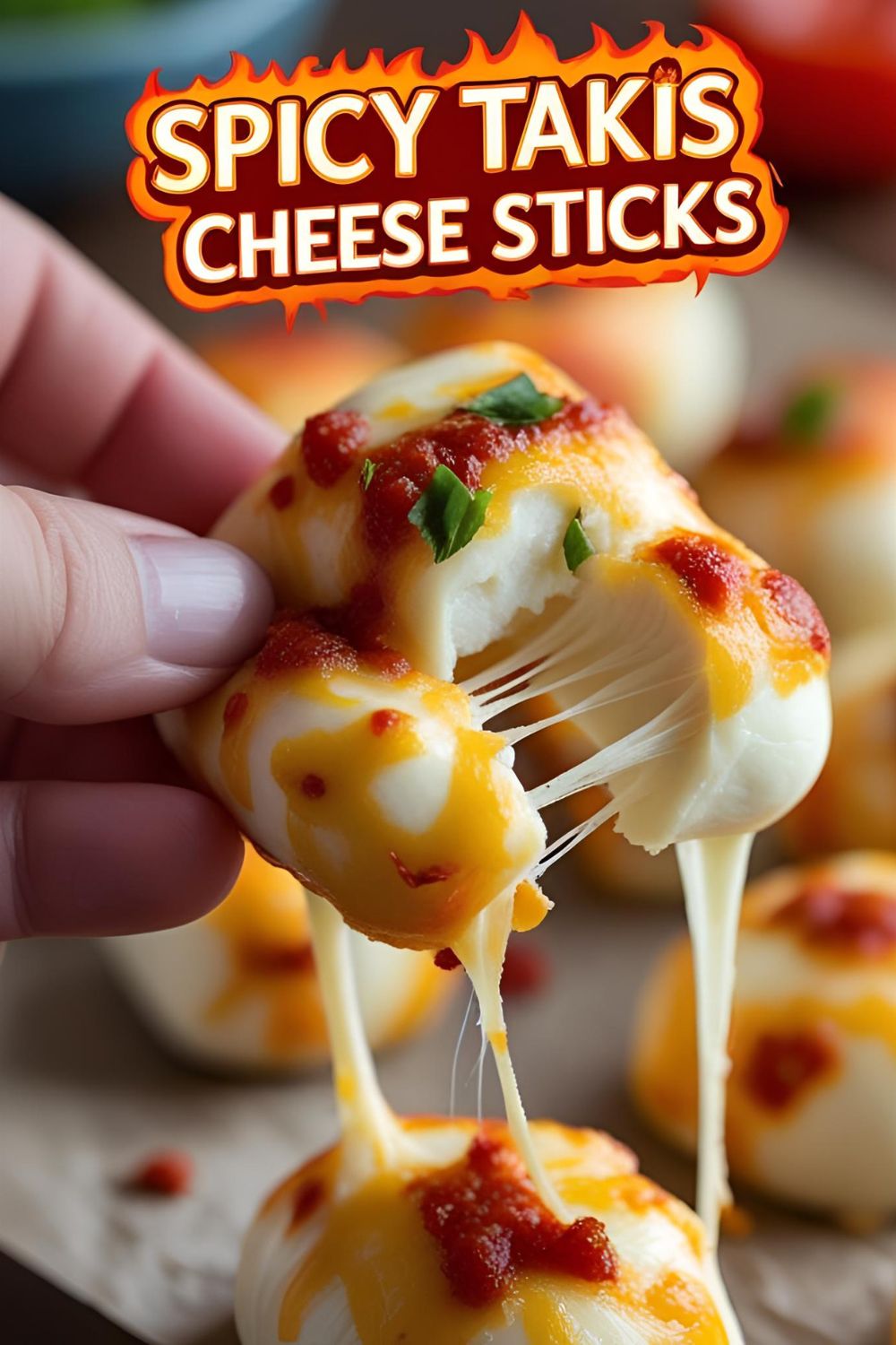 SPICY TAKIS CHEESE STICKS" on a vibrant, appealing image of melted cheese sticks coated in red Takis crumbs.