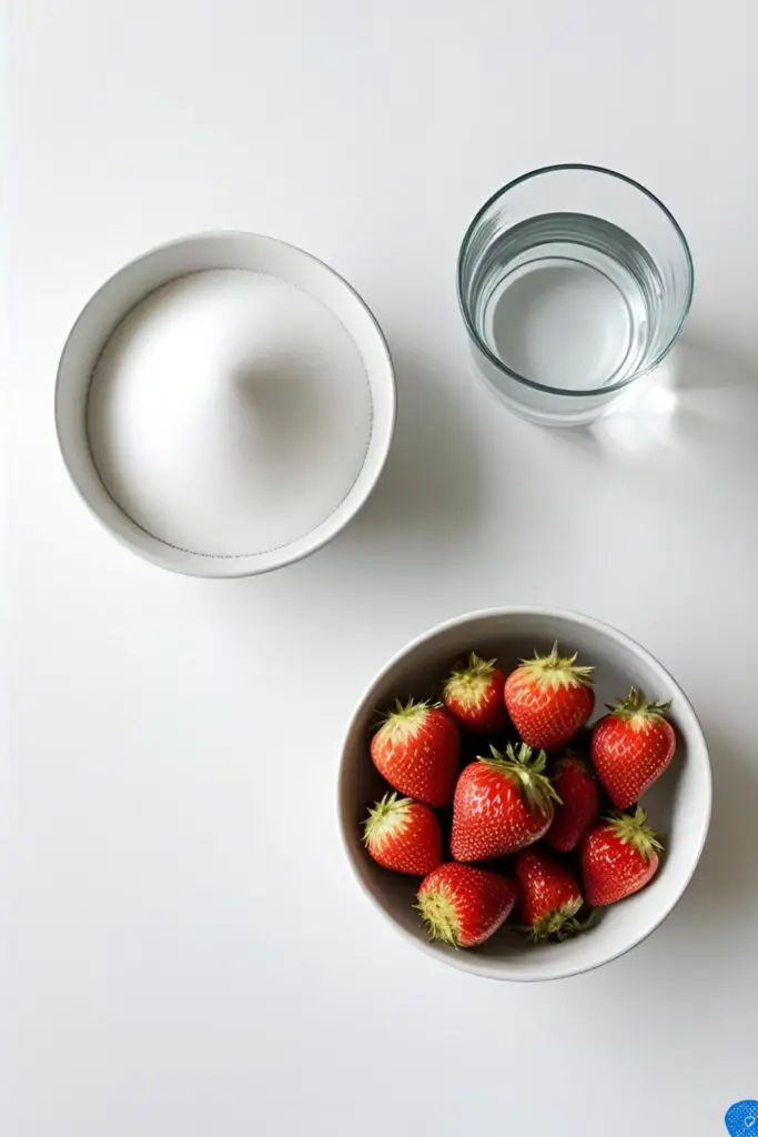 The three simple ingredients for making tanghulu—sugar, water, and strawberries—arranged in a neat flat lay.