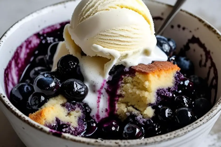 A bowl of easy blueberry dump cake with vanilla ice cream.