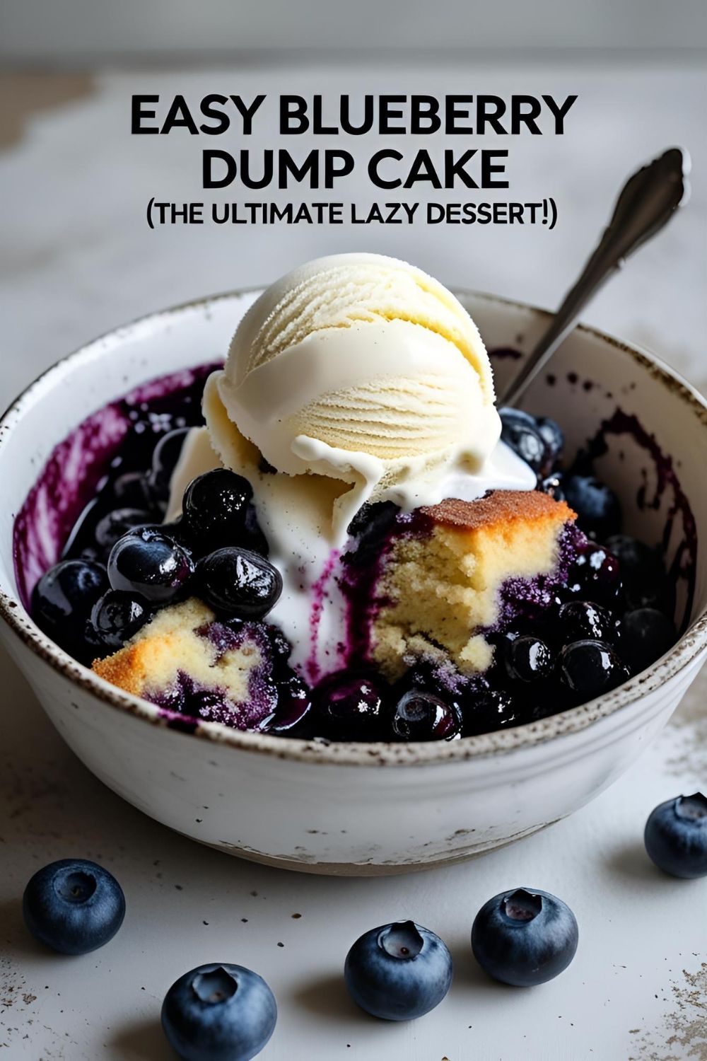 A bowl of easy blueberry dump cake with vanilla ice cream.