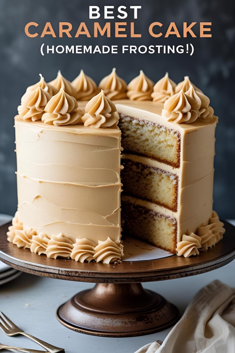 A slice of the best homemade caramel cake.