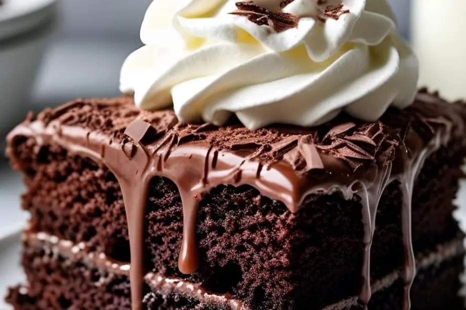 A slice of the ultimate easy and moist chocolate poke cake