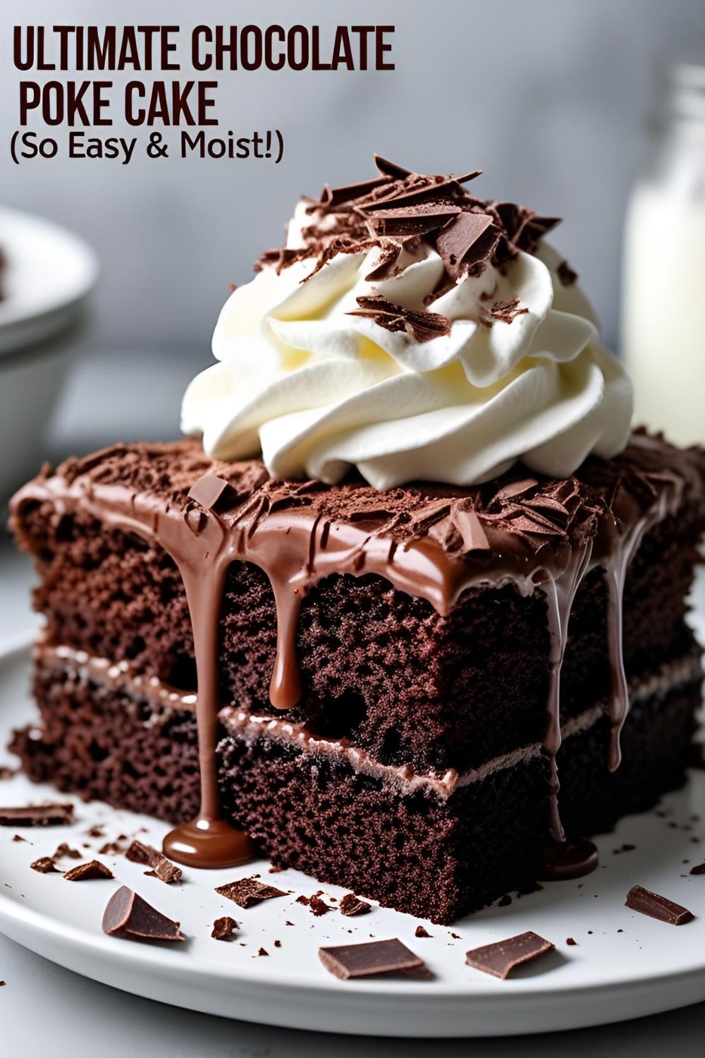 A slice of the ultimate easy and moist chocolate poke cake