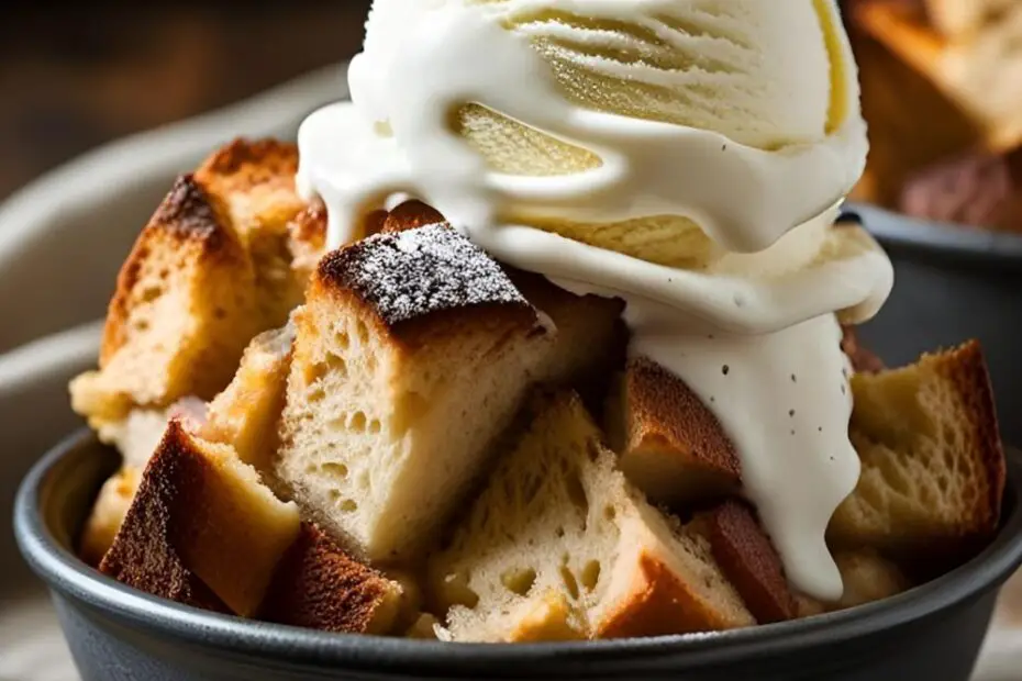 Easy bread pudding recipe with vanilla ice cream.