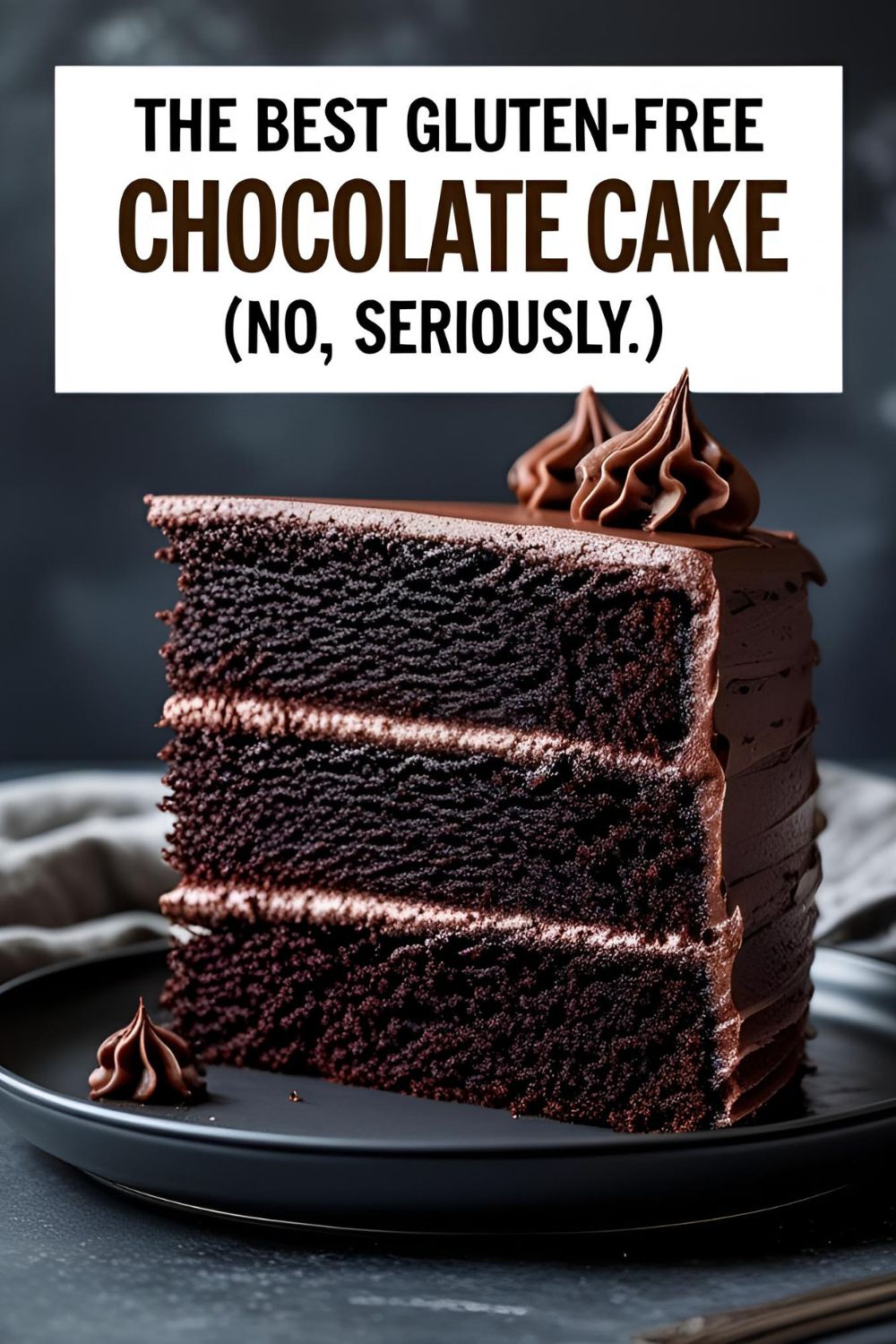 A slice of the best moist and fudgy gluten-free chocolate cake.