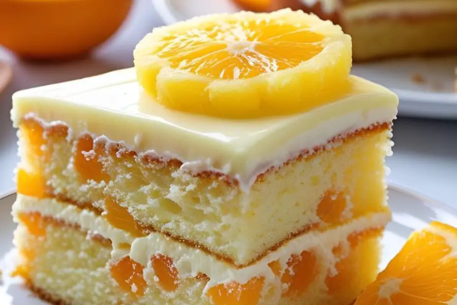 A slice of easy mandarin orange cake with pineapple frosting.