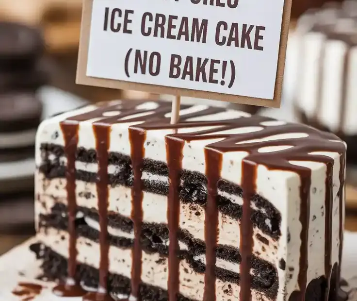 A slice of easy no-bake oreo ice cream cake