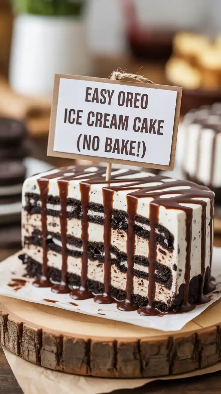 A slice of easy no-bake oreo ice cream cake