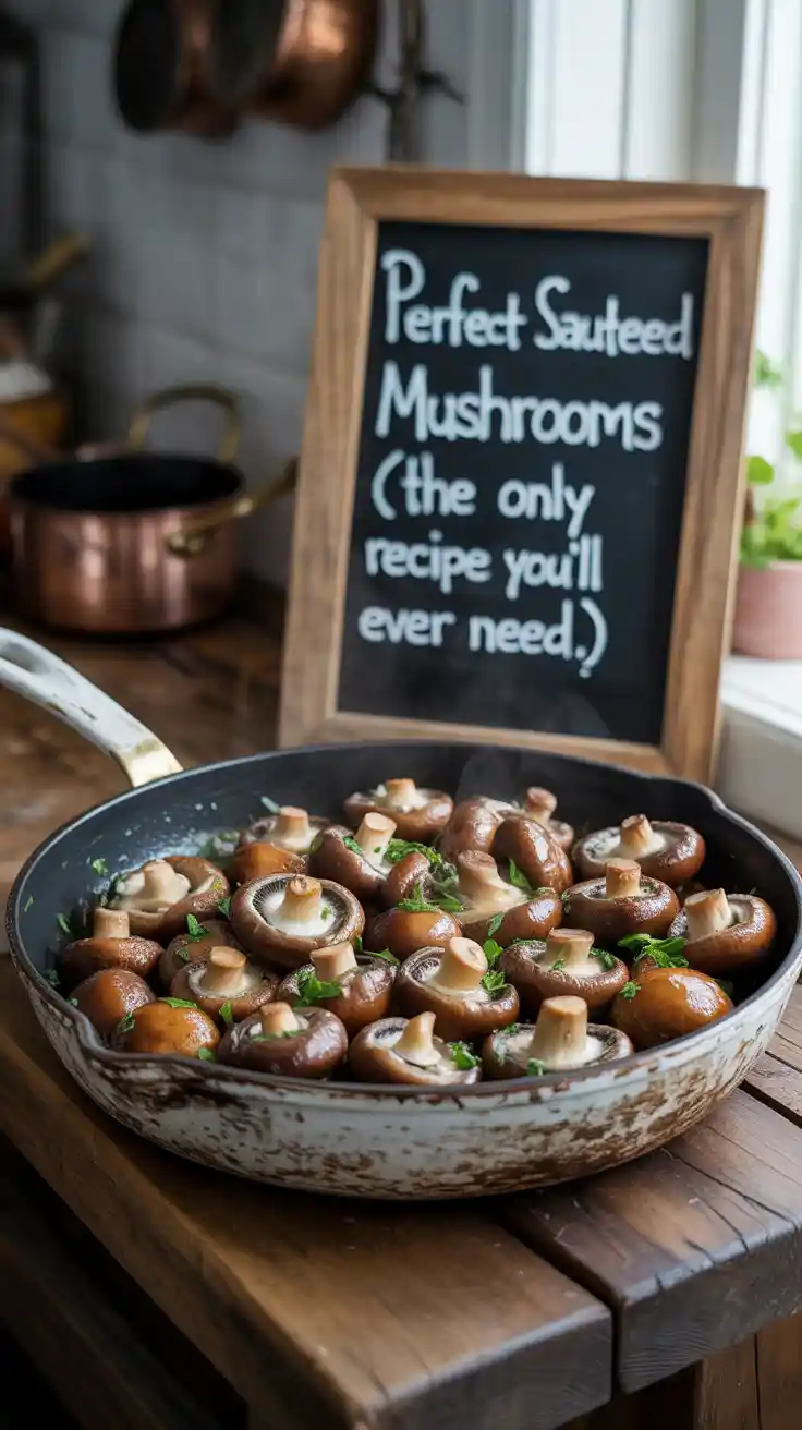 A skillet of perfect sautéed garlic butter mushrooms