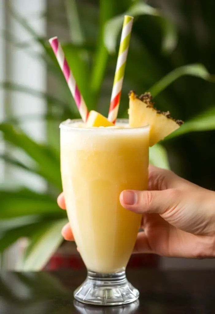 A refreshing and creamy homemade Piña Colada ready to be enjoyed.