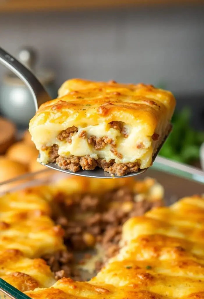 Alt Text (serving):** A spatula lifting a perfect square slice of hamburger potato casserole from a glass baking dish, revealing the creamy, layered interior of meat and potatoes.