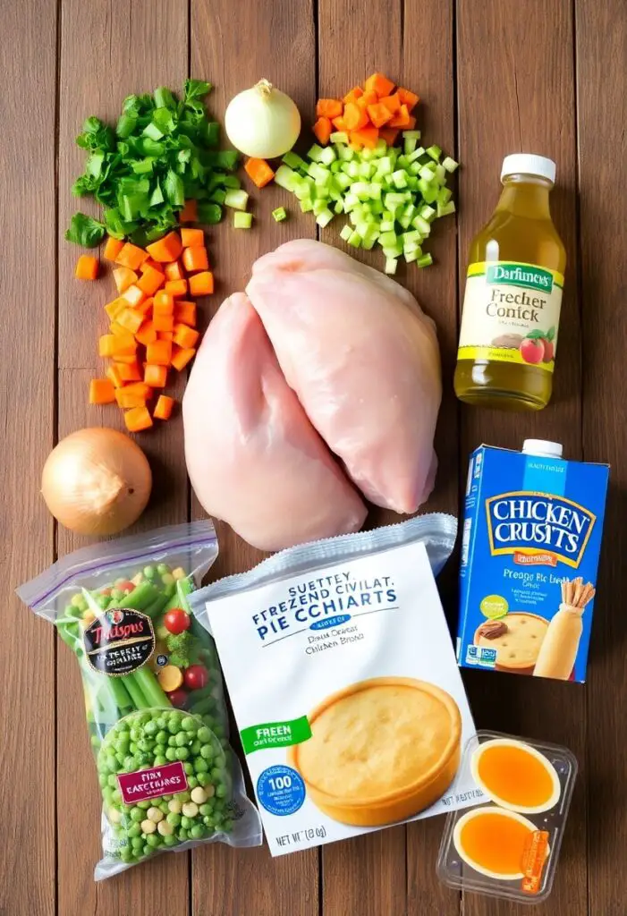 A flat lay of the essential ingredients for making crockpot chicken pot pie, including chicken, vegetables, pie crust, and broth.

