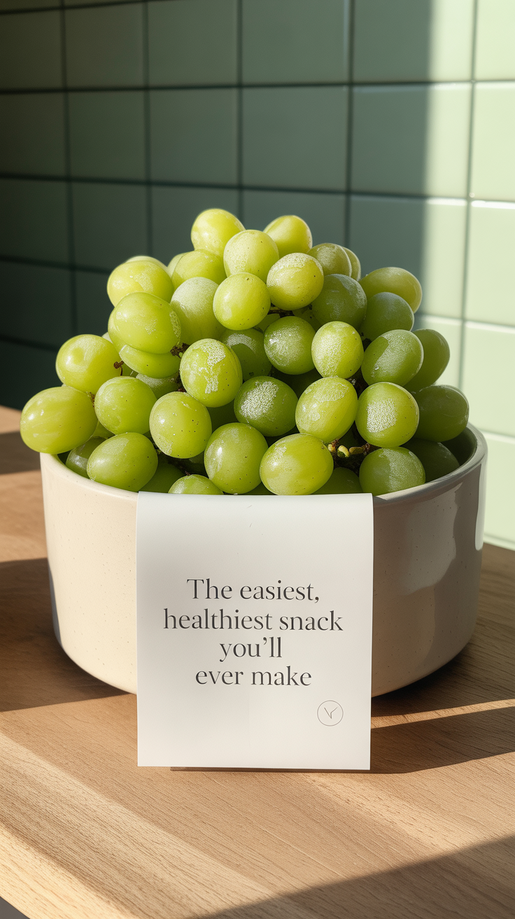 A white bowl filled with frosty, vibrant green and red frozen grapes.