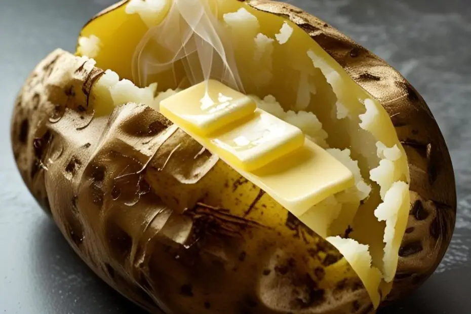 A perfect baked potato split open, with steam rising, melting butter, and fresh chives on top.