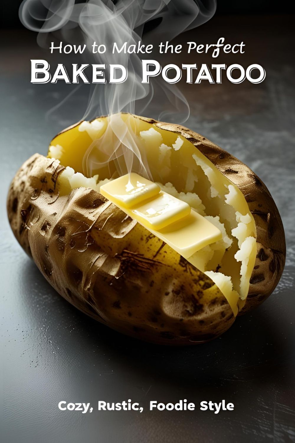 A perfect baked potato split open, with steam rising, melting butter, and fresh chives on top.
