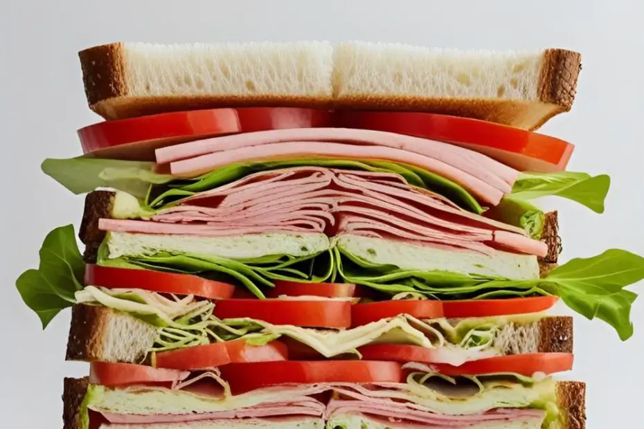 A perfectly layered turkey club sandwich cut into four triangles and held with toothpicks.