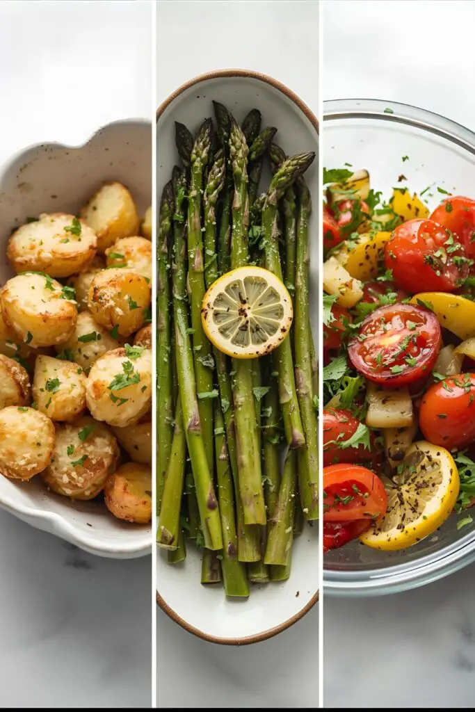 A triptych image showing the three finished side dishes: crispy smashed potatoes, roasted asparagus, and a cucumber tomato salad.