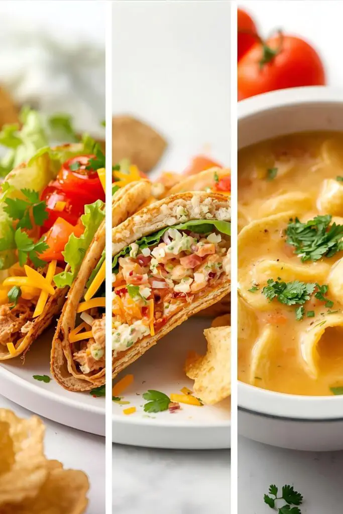 A triptych image showing the three finished meals: a plate of chicken tacos, a chicken salad sandwich, and a bowl of chicken noodle soup.