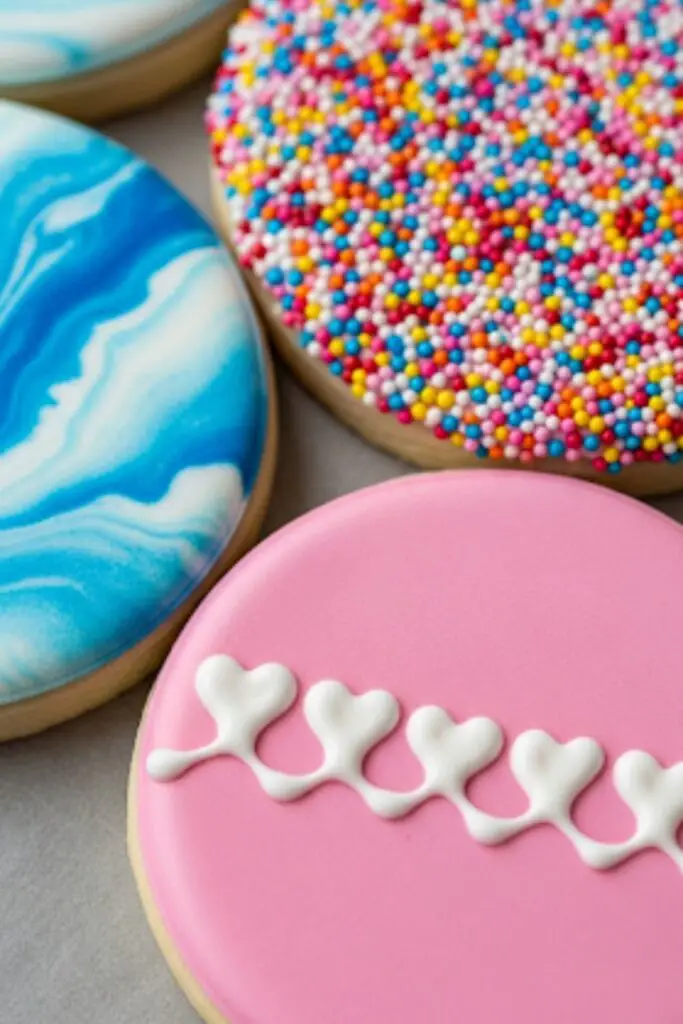A close-up, detailed shot showing three cookies, each one demonstrating a different technique: one with a blue and white watercolor marble effect, one fully coated in rainbow nonpareils, and one with a pink base and a row of white wet-on-wet hearts.