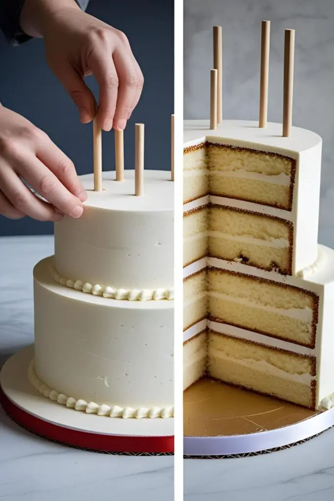 Two images explaining how to stack cakes: one showing dowels being inserted, and a cutaway view revealing the internal support structure.