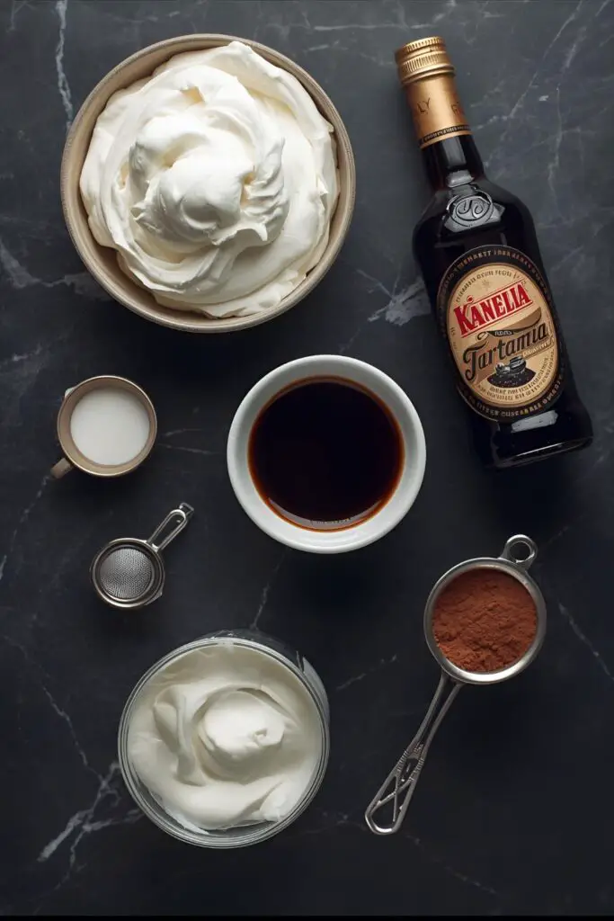 The essential, high-quality ingredients needed to make an authentic and delicious tiramisu cake.