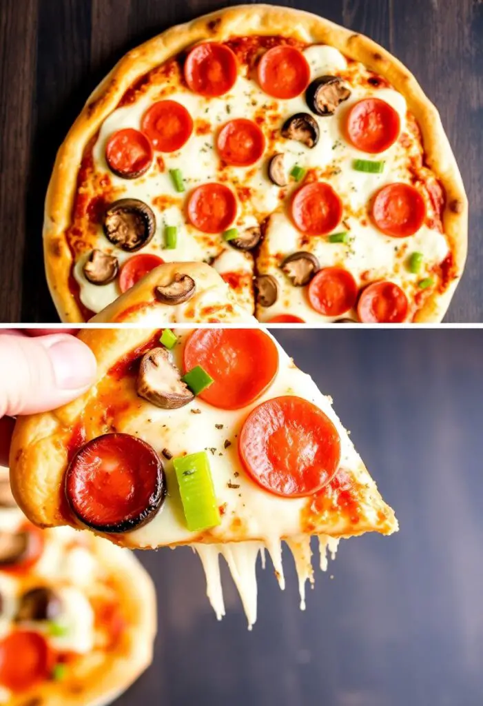 Two images showing a fully topped chicken pizza, one close-up of a slice.