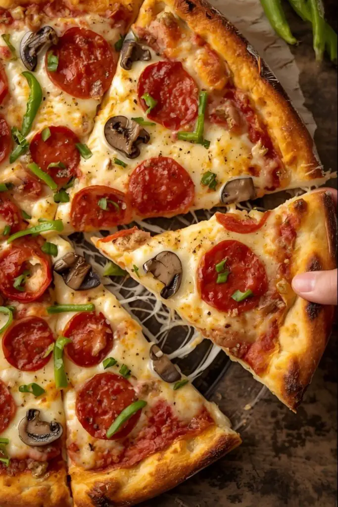 Two images showing a fully topped chicken pizza, one close-up of a slice.