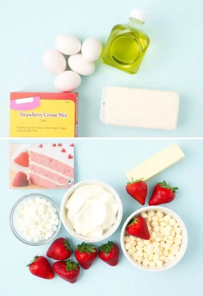 The simple ingredients needed to make an easy strawberry earthquake cake: cake mix, cream cheese, and butter.