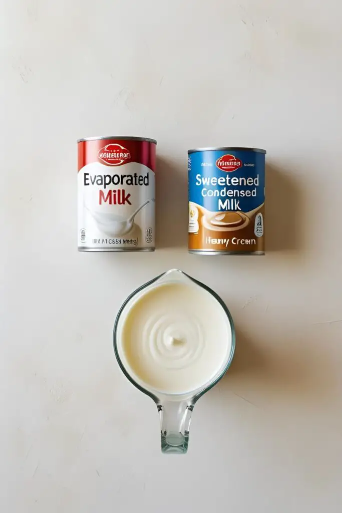 The three key milk ingredients for a tres leches cake recipe: evaporated milk, sweetened condensed milk, and heavy cream.

