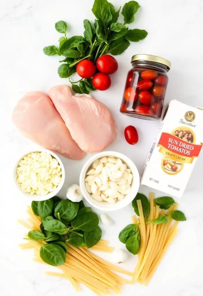 A flat lay of the fresh ingredients needed to make creamy Tuscan chicken pasta, including chicken, sun-dried tomatoes, cream, and Parmesan.