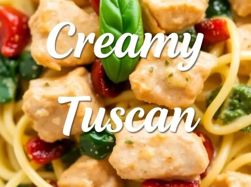 A delicious bowl of creamy Tuscan chicken pasta with fresh basil, with the text overlay "Creamy Tuscan Chicken Pasta."